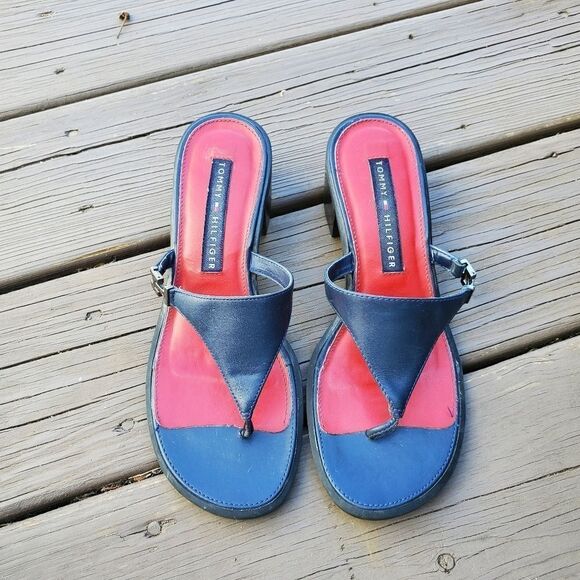Vintage 90s y2k Bratz Navy Blue Leather Chunky Heel Tommy Hilfiger Thong Sandals - Picture 6 of 7